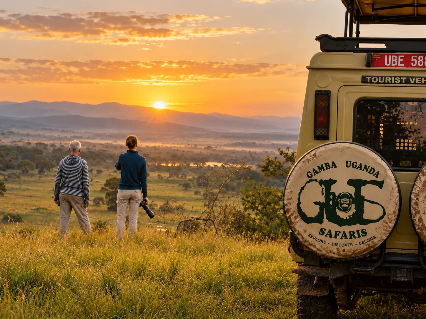 Gamba Uganda Safaris vehicle overlooking the Ugandan landscape at sunset