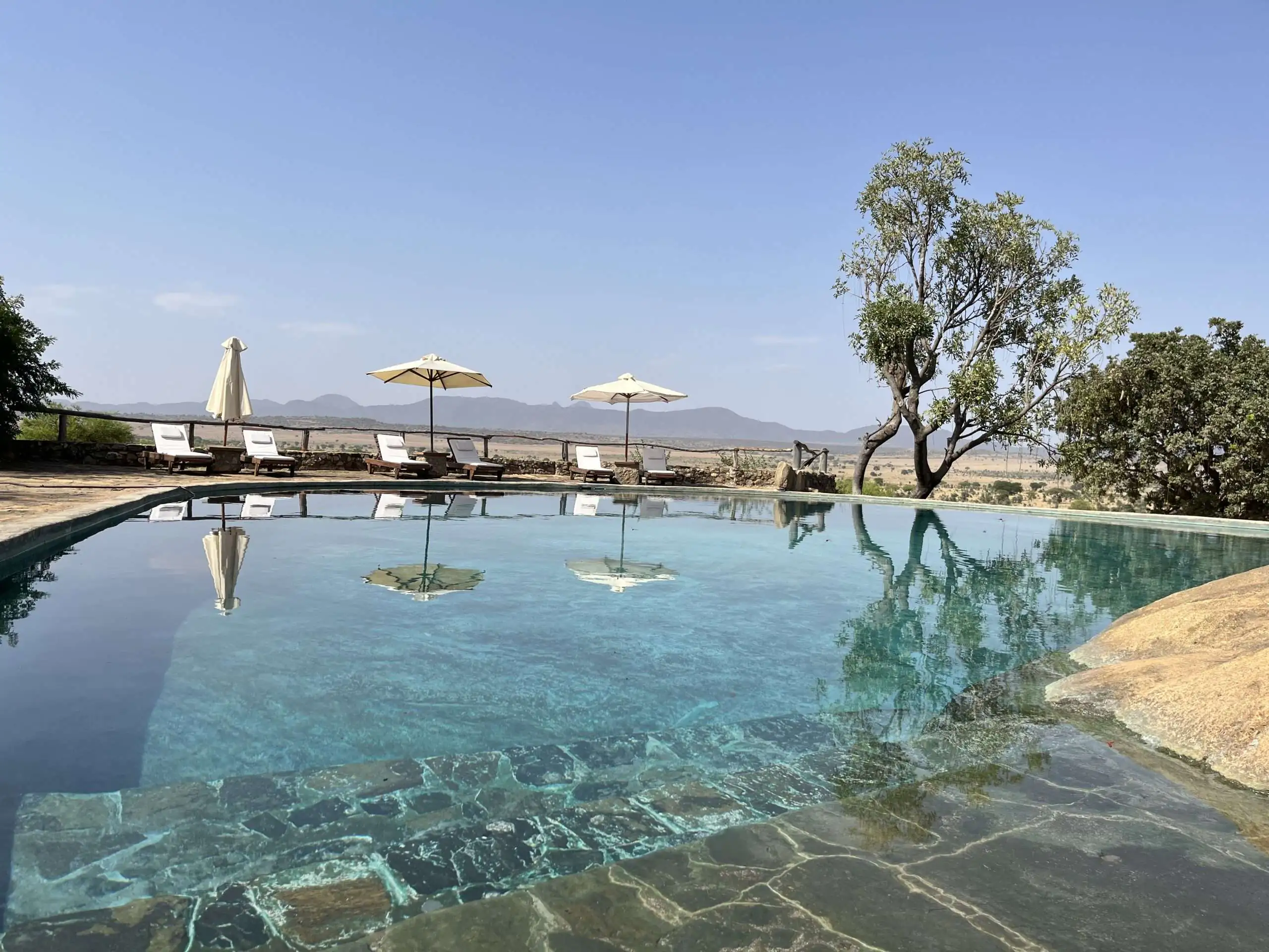 Rock-hewn swimming pool with savannah views at Apoka Safari Lodge