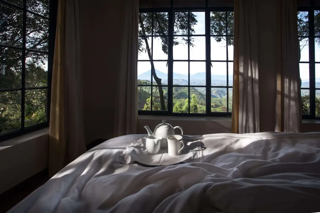 Tea service overlooking the hills from Clouds Mountain Gorilla Lodge