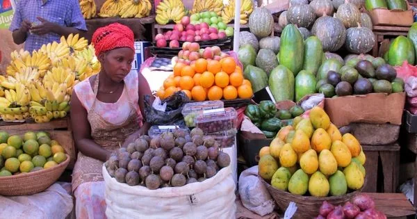Fresh fruit and produce at a colorful Kampala market